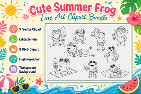 Download Cute Summer Frog Line Art Clipart Bundle - Cute Collection