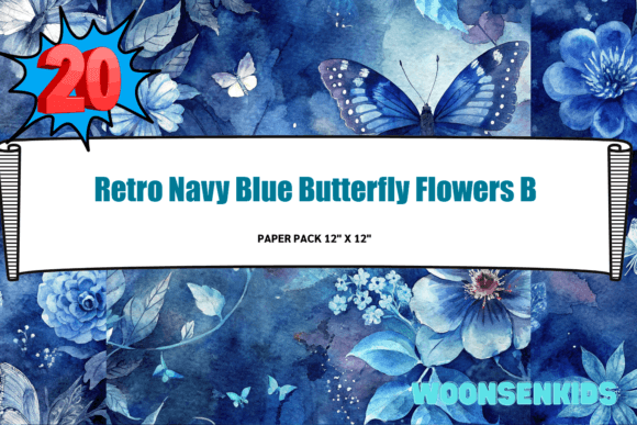 Download New Retro Navy Blue Butterfly Flowers Background Watercolor Png Kdp Digital Paper - Premium Resources