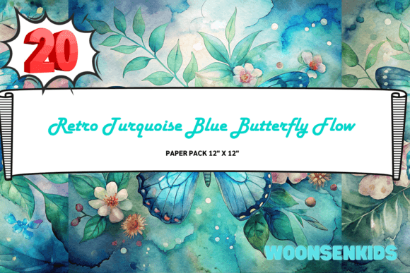 Download Best Retro Turquoise Blue Butterfly Flowers Background Watercolor Png Kdp Digital Paper - Premium Resources