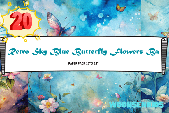 Download 20 Retro Sky Blue Butterfly Flowers Background Watercolor Png Kdp Digital Paper - Premium Resources